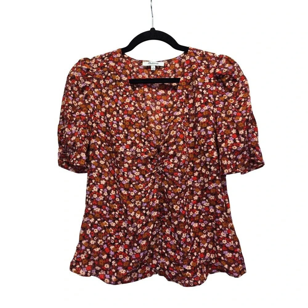 Madewell 100% Silk Floral Ruched V-Neck Puff‎ Sleeve Blouse Brown 0 Cottagecore